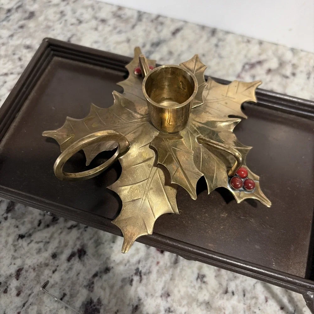 Vintage Brass Holly Leaf Chamber Candlestick Holder Red Berry Christmas India